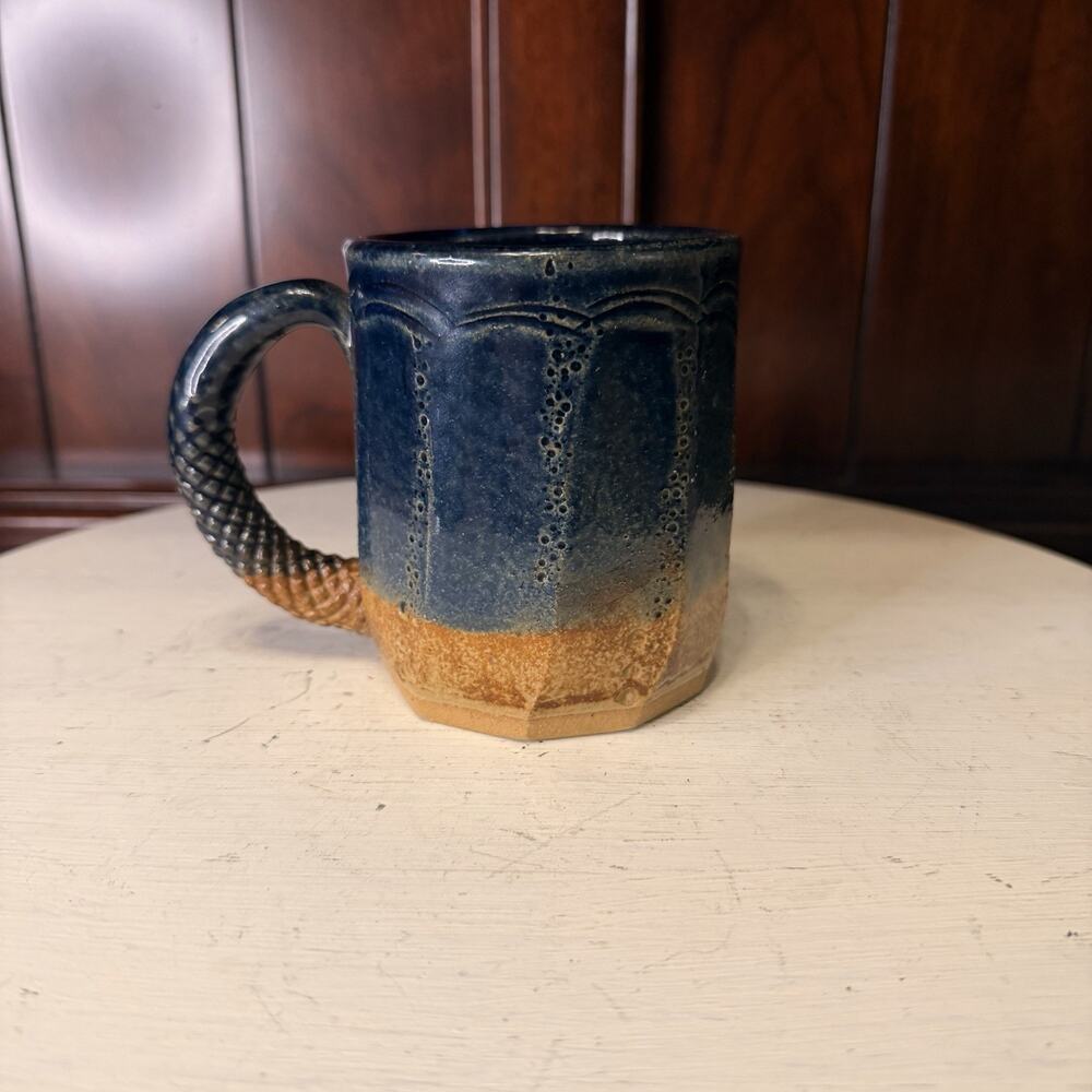 Signed Lippel Handmade Pottery Mug Blue Reactive Glaze Rustic Stoneware Cup